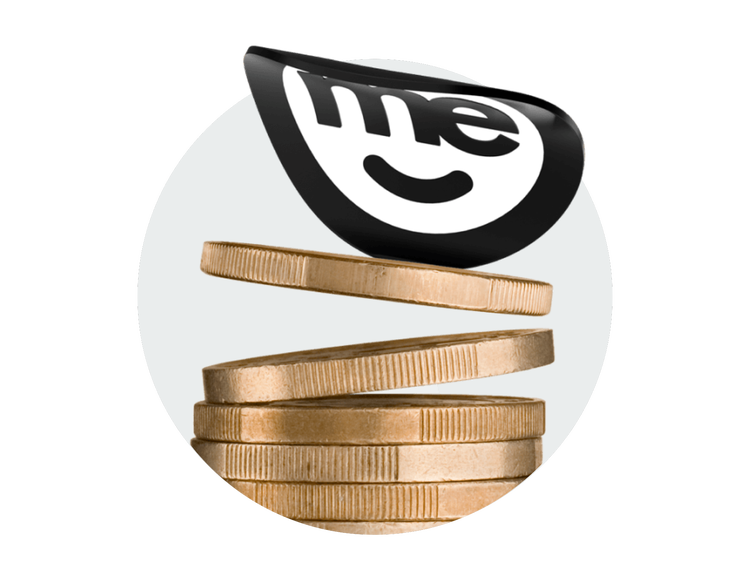 ME Go logo floating above stacked coins