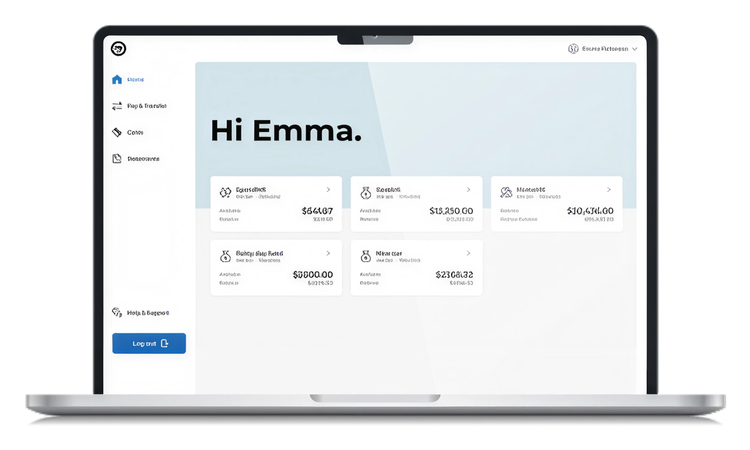 ME Go dashboard displayed on a laptop showing account balances and spending insights