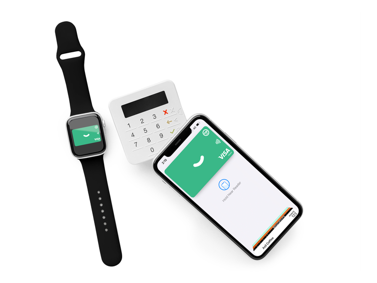 Smartwatch, payment terminal and smartphone showing ME Go contactless payment features