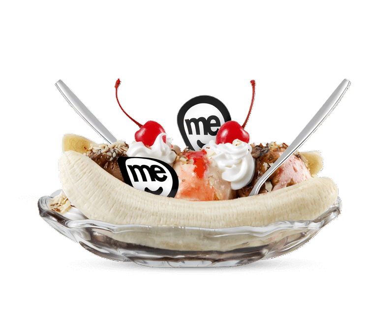 Close-up of a banana split dessert with ME Go branding and ice cream toppings