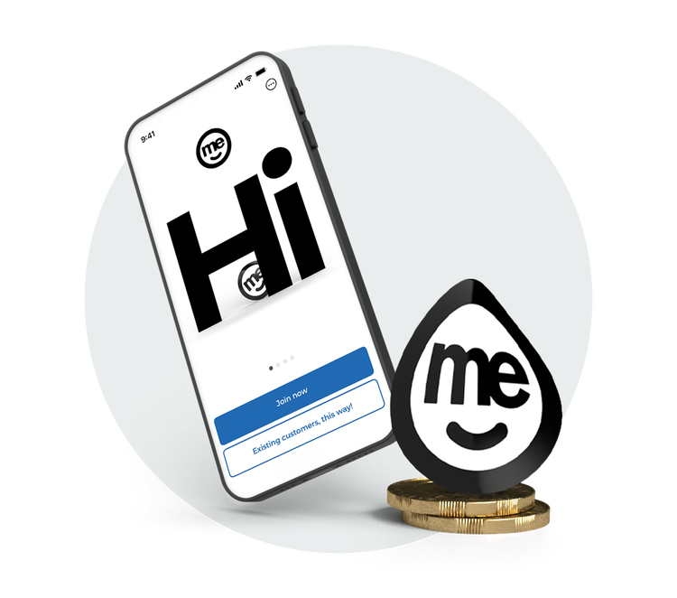 ME Go app sign-up screen displayed on a smartphone with ME branding and coins