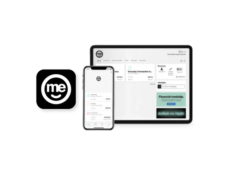 ME online banking dashboard displayed on smartphone and tablet