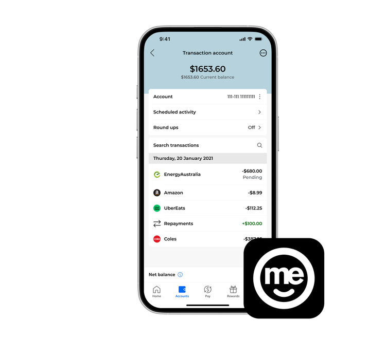 ME Bank mobile banking app displaying account balance and recent transactions