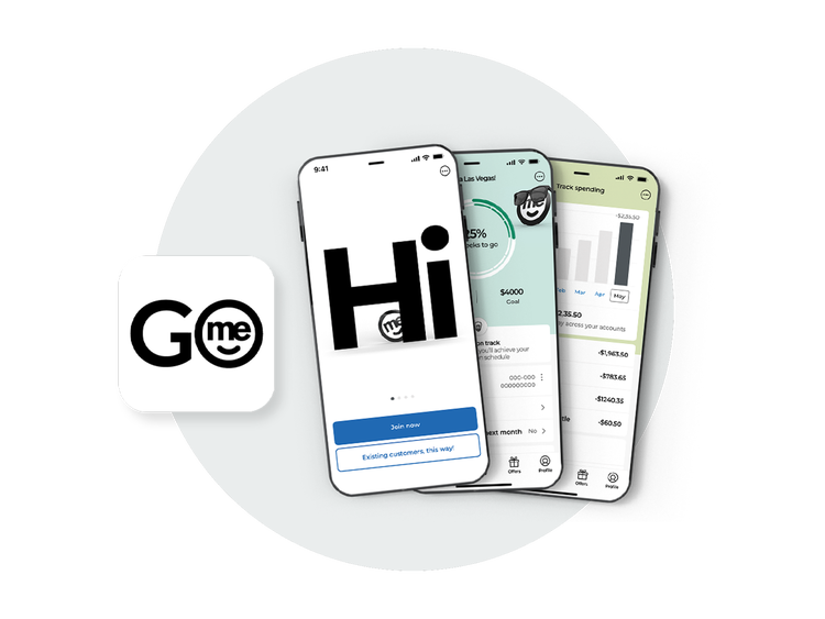 ME Go mobile app with budgeting and spending insights displayed on smartphones