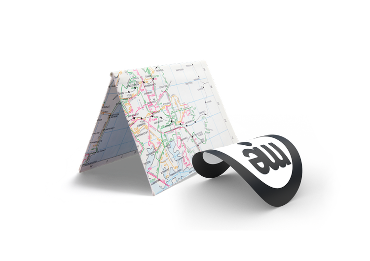 Folded map beside ME branding