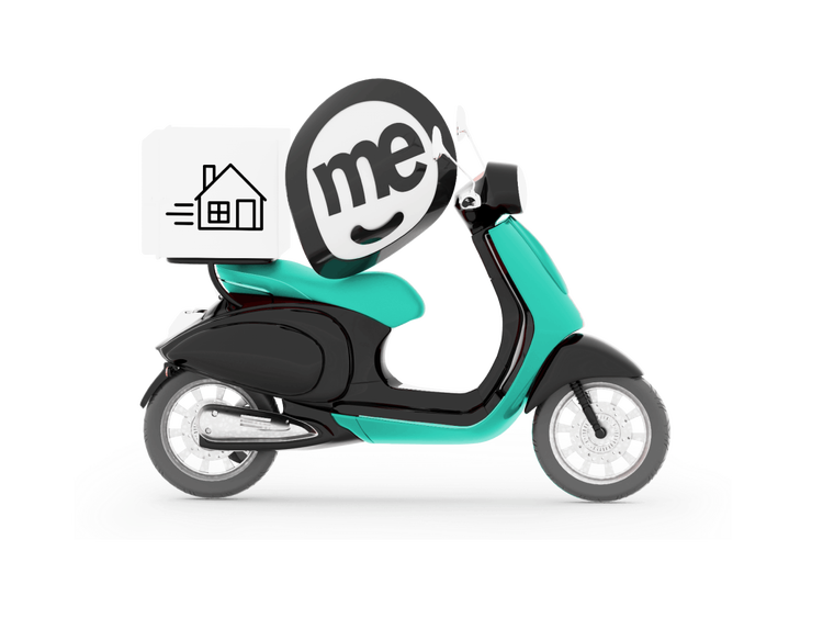 ME-branded scooter carrying a house icon