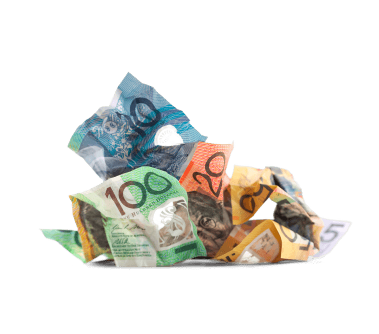 Crumpled Australian banknotes in assorted denominations piled together