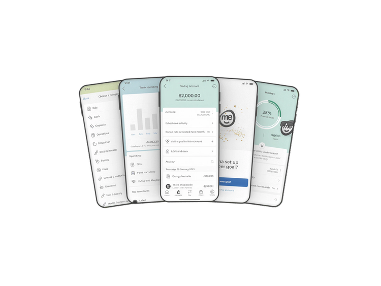 Several screens of the ME Bank mobile banking app displaying accounts, payments, budgets and savings goals