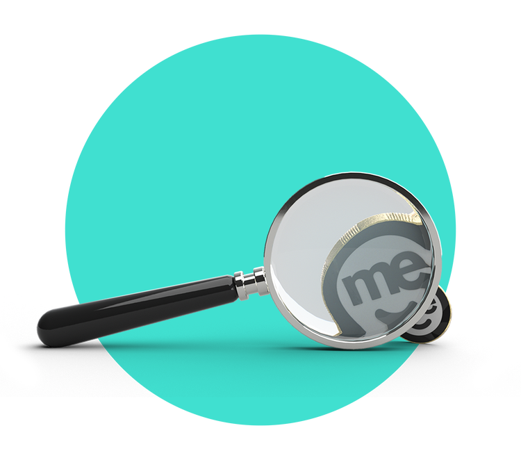 Magnifying glass examining a ME Bank logo against a teal background