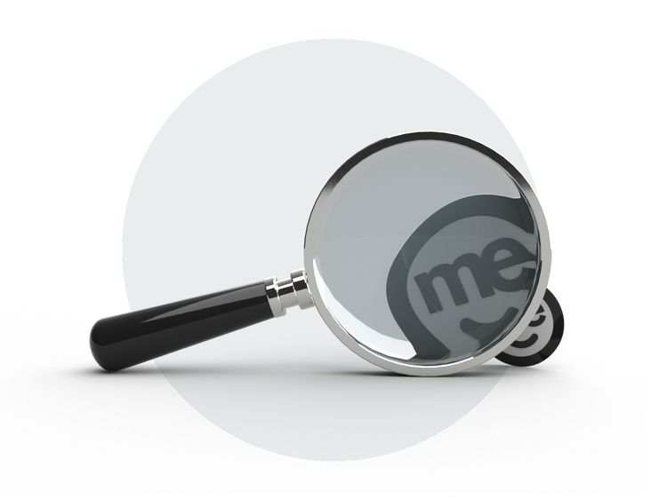 Magnifying glass positioned over a ME Bank logo