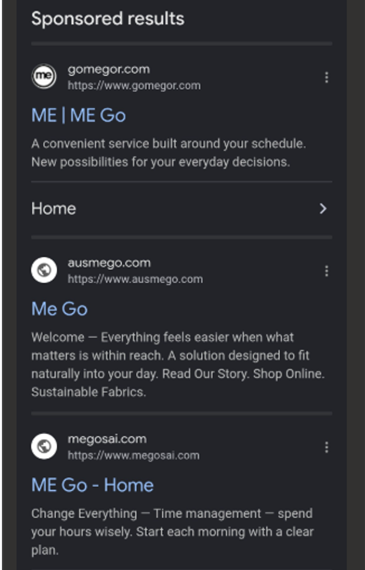 Sponsored search results displaying multiple websites named “Me Go”
