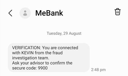 Text message claiming connection to a bank fraud team and displaying a security code