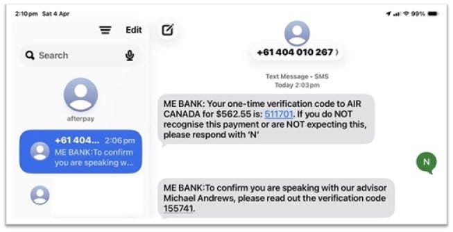 SMS messages requesting banking verification and confirmation codes
