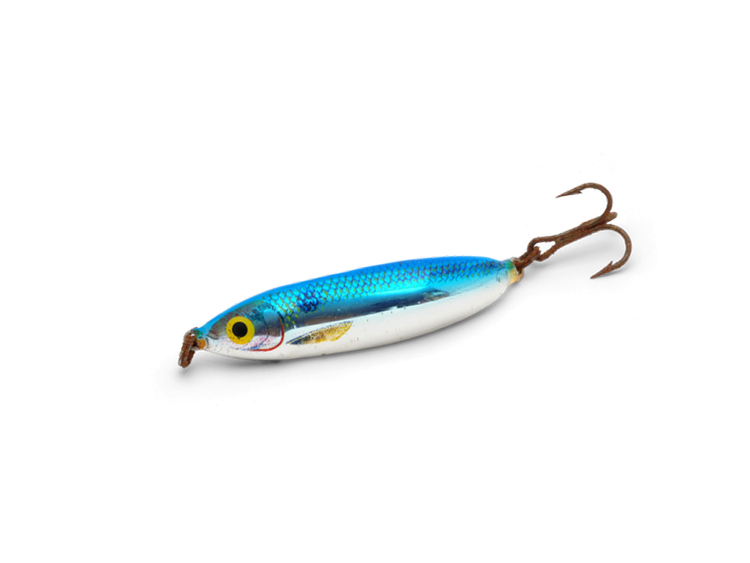 Blue and silver fishing lure with a treble hook