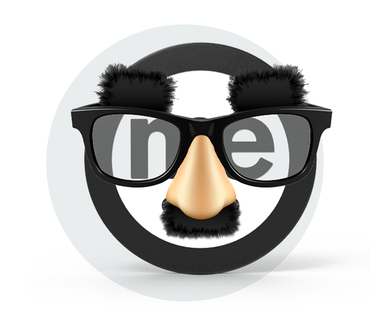 ME Bank logo wearing novelty glasses, eyebrows, nose and moustache disguise
