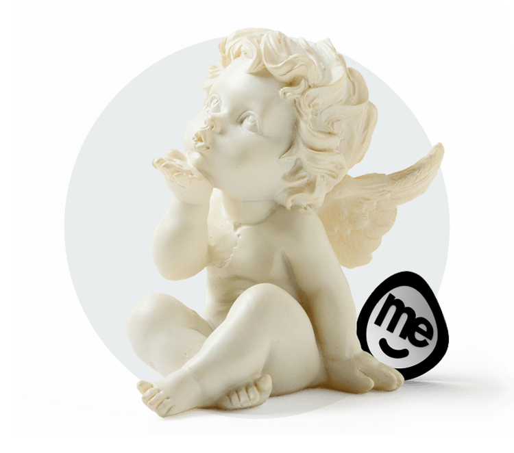 Cherub statue seated beside a ME Bank logo
