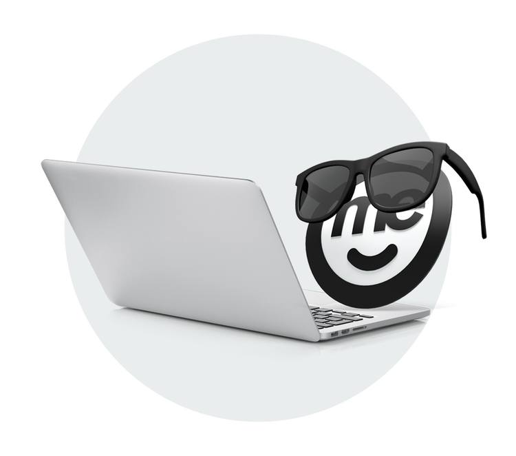 ME Bank logo wearing sunglasses behind an open laptop