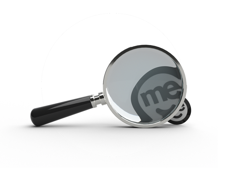 Magnifying glass positioned over a ME Bank logo