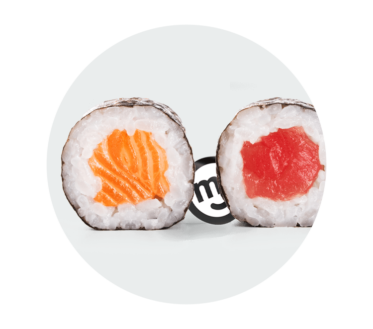 Two sushi rolls with salmon and tuna fillings beside a ME Bank logo