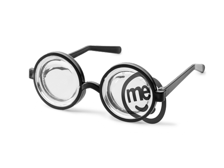 Round eyeglasses placed in front of a ME Bank logo