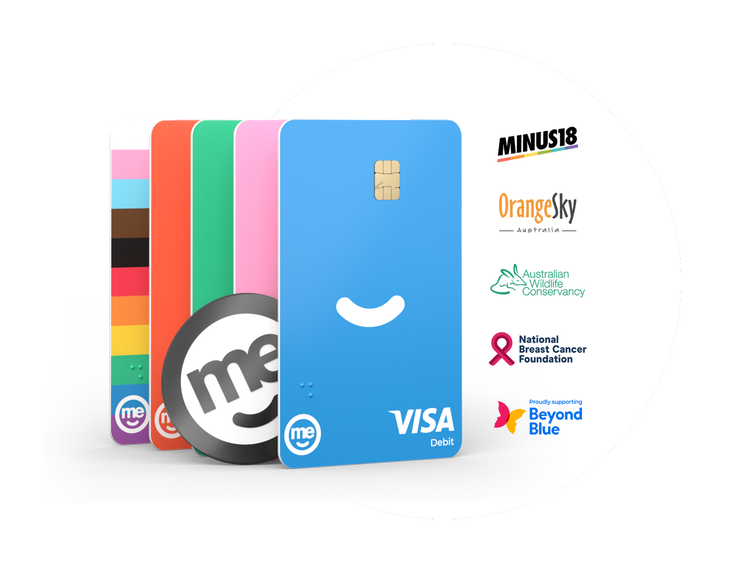 Collection of ME Bank debit cards displayed with partner and charity logos