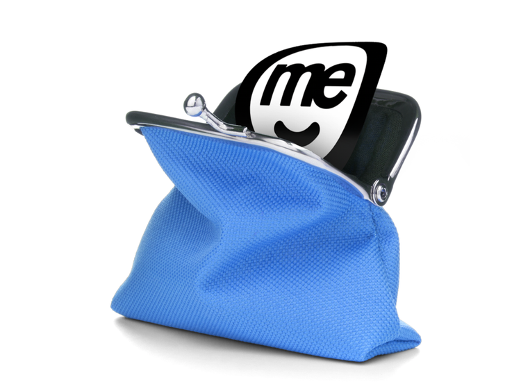 Blue coin purse with a ME Bank logo inside