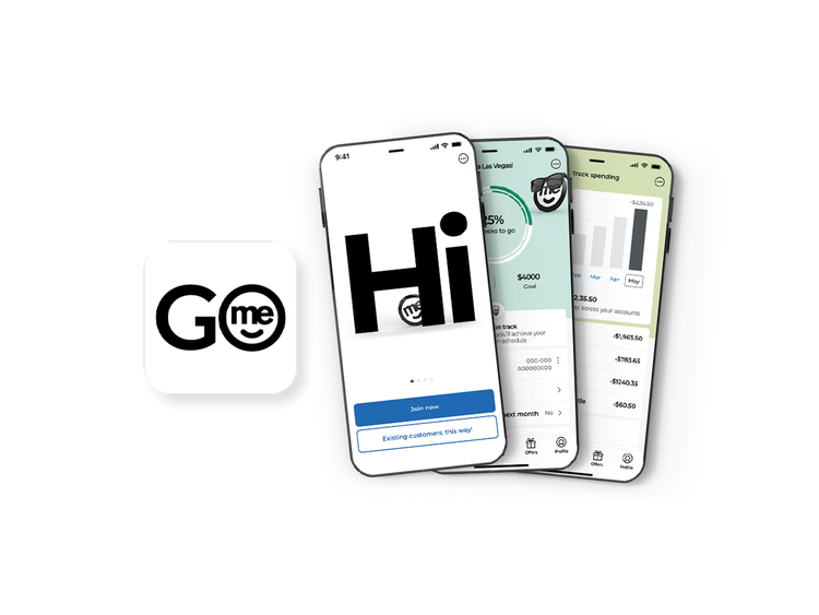 ME Go app icon and mobile banking app screens on smartphones