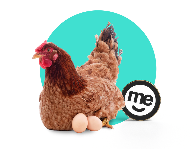 Brown hen sitting beside two eggs and a ME Bank logo
