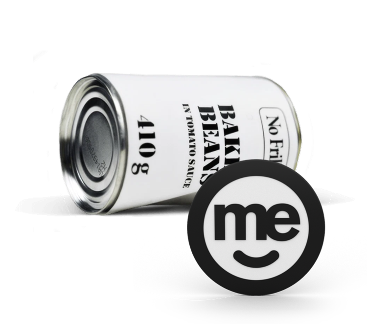 Baked beans can beside a ME Bank logo