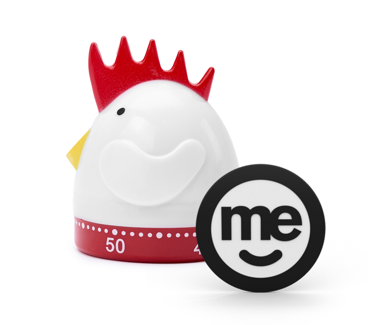Chicken-shaped kitchen timer beside a ME Bank logo