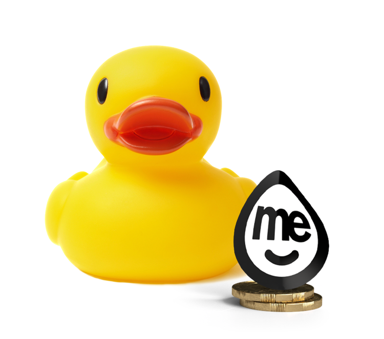 Yellow rubber duck beside a ME Bank logo on stacked coins