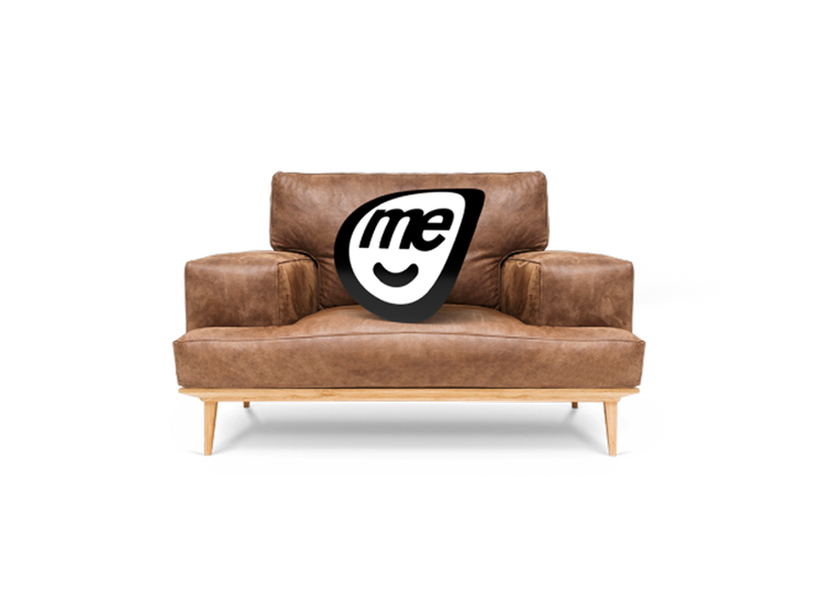 Brown leather sofa with a ME Bank logo on the seat