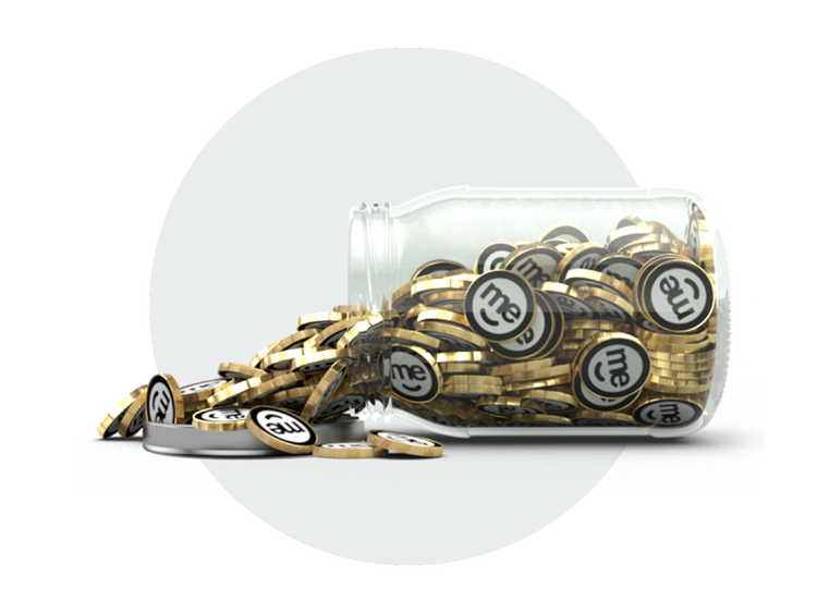 Glass jar tipped over with ME Bank branded coins spilling out